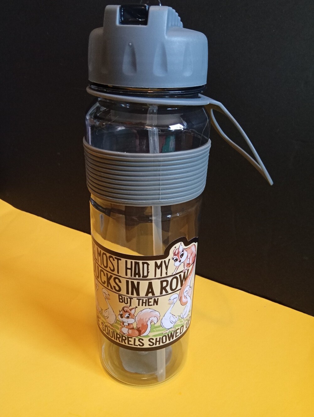 Gray Travel Water Bottle with Grip and Squirrel Graphic